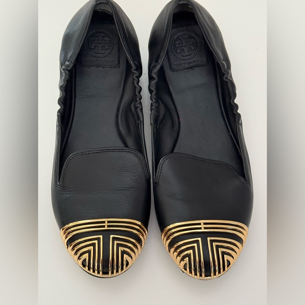 Tory Burch Charlee Women's 100%Calf Leather Ballet Flats Gold Toe Black US 9